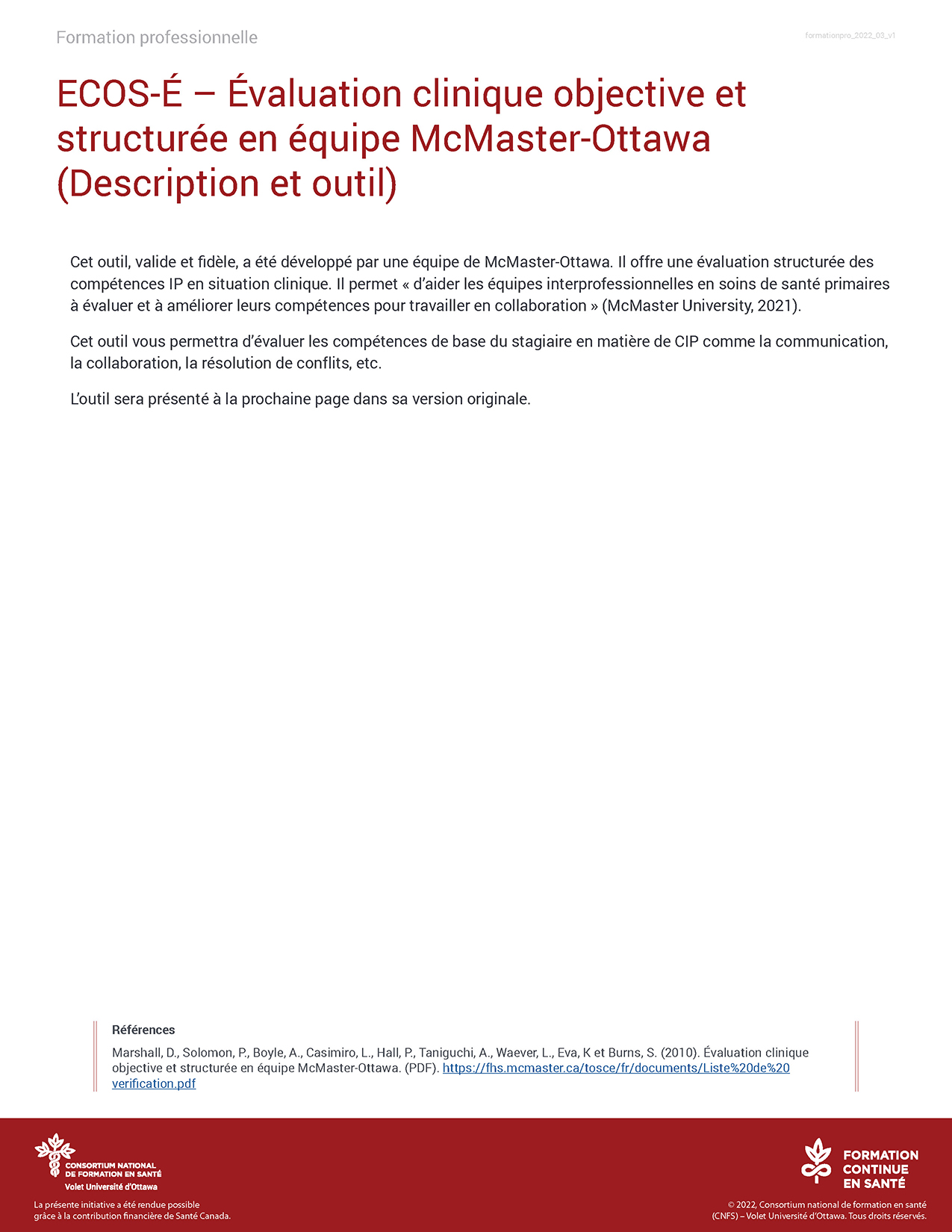 ECOS-É – Évaluation clinique objective et structurée en équipe McMaster-Ottawa Outils